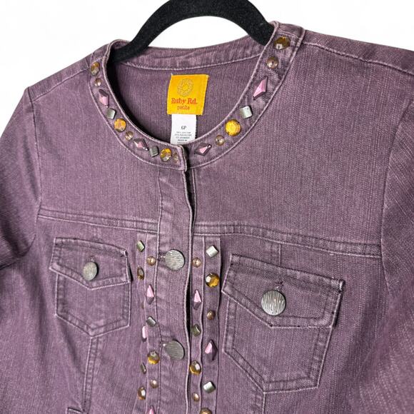 Ruby Rd Petite Denim Jacket Womens 6P Small Purple Studded Boho Festival Western - Picture 9 of 13